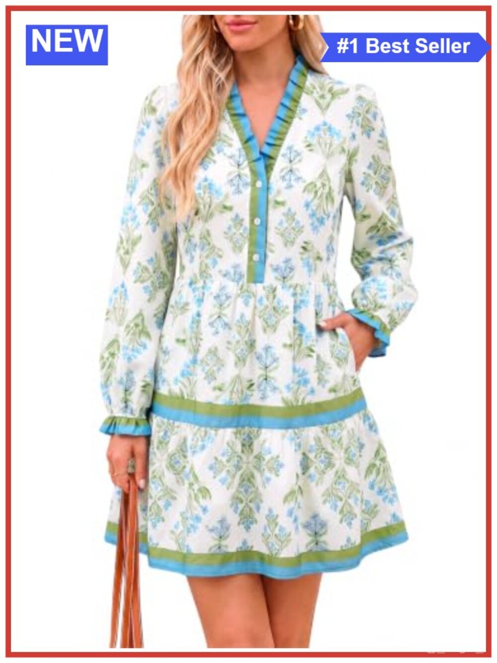 Womens Floral Mini Dress V Neck Button Ruffle Long Sleeve Fit Flare
